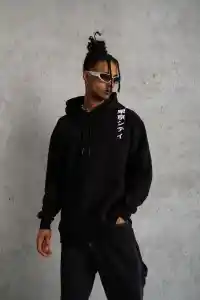 Erkek 3 İplik Pamuklu Kapüşonlu Baskılı Cepli Oversize Sweatshirt Hoodie - Siyah