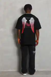 Erkek Baskılı Tişört Kısa Kol Bisiklet Yaka Oversize T-Shirt - Siyah