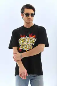 Erkek Kısa Kol Yazlık Tişört Bisiklet Yaka Baskılı Oversize T-Shirt - Siyah