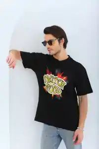 Erkek Kısa Kol Yazlık Tişört Bisiklet Yaka Baskılı Oversize T-Shirt - Siyah