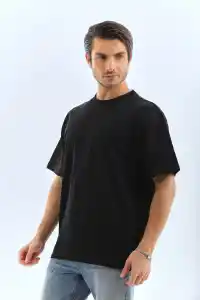 Erkek Düz Yazlık Kısa Kol Tişört Bisiklet Yaka Oversize T-Shirt - Siyah