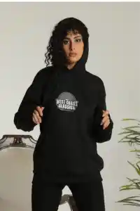 Kadın Oversize Kapüşonlu Cepli Baskılı 3 İplik Pamuklu Hoodie Sweatshirt - Siyah