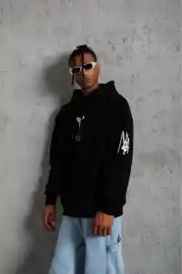 Erkek 3 İplik Pamuklu Kapüşonlu Kanguru Cepli Baskılı Oversize Hoodie Sweatshirt - Siyah
