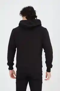 Erkek 3 İplik Pamuklu Kapüşonlu Tam Fermuarlı Cepli Hoodie Sweatshirt - Siyah