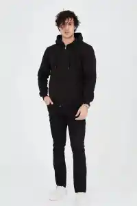 Erkek 3 İplik Pamuklu Kapüşonlu Tam Fermuarlı Cepli Hoodie Sweatshirt - Siyah