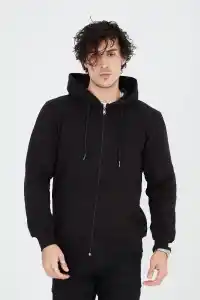 Erkek 3 İplik Pamuklu Kapüşonlu Tam Fermuarlı Cepli Hoodie Sweatshirt - Siyah