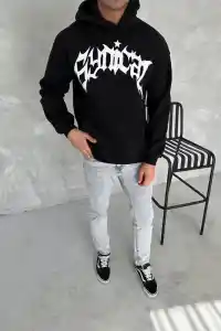 Erkek 3 İplik Pamuklu Kapüşonlu Baskılı Cepli Oversize Sweatshirt Hoodie - Siyah