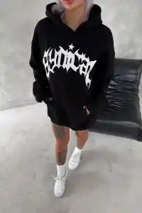Kadın Oversize Kapüşonlu Cepli Baskılı 3 İplik Pamuklu Hoodie Sweatshirt - Siyah