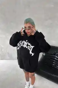 Kadın Oversize Kapüşonlu Cepli Baskılı 3 İplik Pamuklu Hoodie Sweatshirt - Siyah