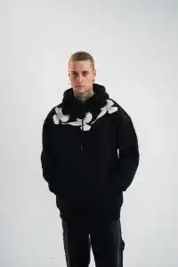 Erkek 3 İplik Pamuklu Kapüşonlu Baskılı Cepli Oversize Sweatshirt Hoodie - Siyah