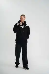 Erkek 3 İplik Pamuklu Kapüşonlu Baskılı Cepli Oversize Sweatshirt Hoodie - Siyah
