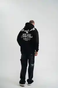 Erkek 3 İplik Pamuklu Kapüşonlu Baskılı Cepli Oversize Sweatshirt Hoodie - Siyah