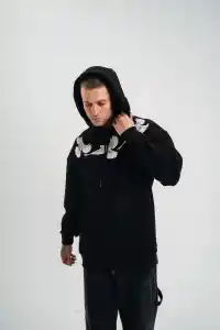 Erkek 3 İplik Pamuklu Kapüşonlu Baskılı Cepli Oversize Sweatshirt Hoodie - Siyah