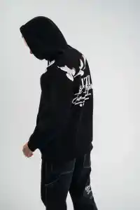 Erkek 3 İplik Pamuklu Kapüşonlu Baskılı Cepli Oversize Sweatshirt Hoodie - Siyah