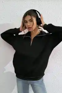 Kadın 3 iplik Pamuklu Uzun Kol Yarım Farmuarlı Yakalı SweatShirt - Siyah