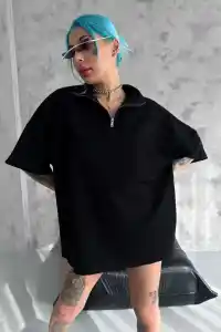 Kadın Yarım Fermuarlı Tişört Kısa kol T-Shirt - Siyah