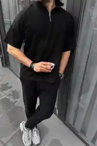 Erkek Yarım Fermuarlı Kısa kol T-Shirt - Siyah