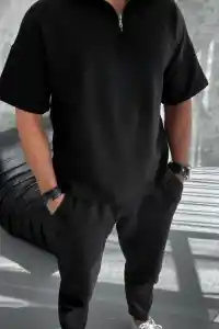 Erkek Yarım Fermuarlı Kısa kol T-Shirt - Siyah