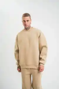 Erkek Uzun Kol Bisiklet Yaka 3 iplik Pamuklu Kışlık SweatShirt  - Bej