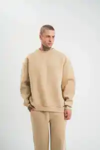Erkek Uzun Kol Bisiklet Yaka 3 iplik Pamuklu Kışlık SweatShirt  - Bej