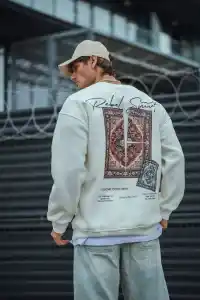 Erkek 3 iplik pamuklu Bisiklet Yaka Baskılı SweatShirt - Beyaz