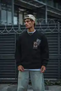 Erkek 3 iplik Pamuklu Bisiklet Yaka Baskılı SweatShirt - Siyah