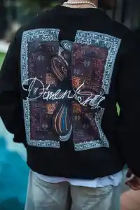 Erkek 3 iplik pamuklu Bisiklet Yaka Ön ve Arka Baskılı SweatShirt - Siyah