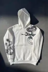 Kadın Oversize Kapüşonlu Kanguru Cepli Baskılı 3 İplik Pamuklu Sweatshirt Hoodie -   Beyaz