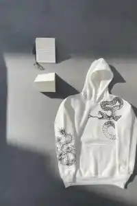 Kadın Oversize Kapüşonlu Kanguru Cepli Baskılı 3 İplik Pamuklu Sweatshirt Hoodie -   Beyaz