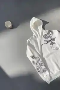 Erkek 3 İplik Pamuklu Kapüşonlu Baskılı Cepli Oversize Sweatshirt Hoodie - Beyaz