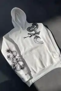 Kadın Oversize Kapüşonlu Kanguru Cepli Baskılı 3 İplik Pamuklu Sweatshirt Hoodie -   Beyaz