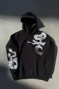 Kadın Oversize Kapüşonlu Cepli Baskılı 3 İplik Pamuklu Hoodie Sweatshirt - Siyah