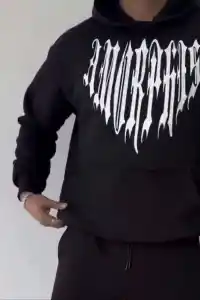 Erkek Kapüşonlu Kanguru Cepli Sweatshirt 3 İplik Pamuklu Baskılı Hoodie -  Siyah