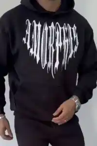 Erkek Kapüşonlu Kanguru Cepli Sweatshirt 3 İplik Pamuklu Baskılı Hoodie -  Siyah