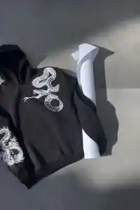 Erkek 3 İplik Pamuklu Kapüşonlu Baskılı Cepli Oversize Sweatshirt Hoodie - Siyah