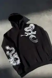 Erkek 3 İplik Pamuklu Kapüşonlu Baskılı Cepli Oversize Sweatshirt Hoodie - Siyah