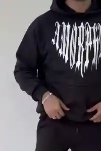 Erkek Kapüşonlu Kanguru Cepli Sweatshirt 3 İplik Pamuklu Baskılı Hoodie -  Siyah