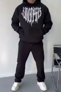 Erkek Kapüşonlu Kanguru Cepli Sweatshirt 3 İplik Pamuklu Baskılı Hoodie -  Siyah