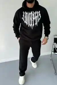 Erkek Kapüşonlu Kanguru Cepli Sweatshirt 3 İplik Pamuklu Baskılı Hoodie -  Siyah