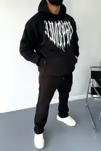 Erkek Kapüşonlu Kanguru Cepli Sweatshirt 3 İplik Pamuklu Baskılı Hoodie -  Siyah