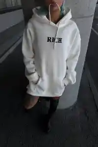 Kadın Kapüşonlu Kanguru Cepli Sweatshirt 3 İplik Pamuklu Baskılı Hoodie - Beyaz