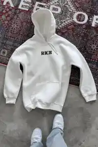 Kadın Kapüşonlu Kanguru Cepli Sweatshirt 3 İplik Pamuklu Baskılı Hoodie - Beyaz