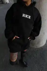 Kadın Kapüşonlu Kanguru Cepli Sweatshirt 3 İplik Pamuklu Baskılı Hoodie - Siyah