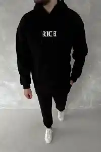 Erkek Kapüşonlu Kanguru Cepli Sweatshirt 3 İplik Pamuklu Baskılı Hoodie -  Siyah