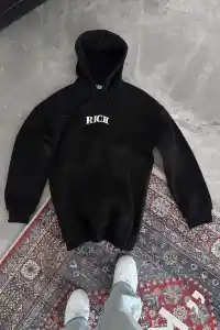 Kadın Kapüşonlu Kanguru Cepli Sweatshirt 3 İplik Pamuklu Baskılı Hoodie - Siyah