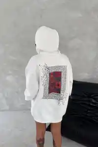 Kadın Kapüşonlu Kanguru Cepli Sweatshirt 3 İplik Pamuklu Baskılı Hoodie - Beyaz