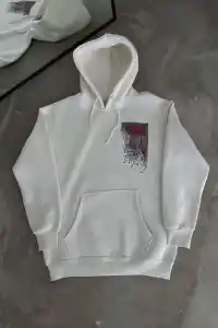 Kadın Kapüşonlu Kanguru Cepli Sweatshirt 3 İplik Pamuklu Baskılı Hoodie - Beyaz