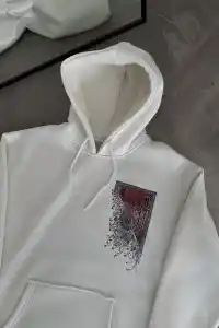 Erkek Kapüşonlu Kanguru Cepli Sweatshirt 3 İplik Pamuklu Baskılı Hoodie - Beyaz