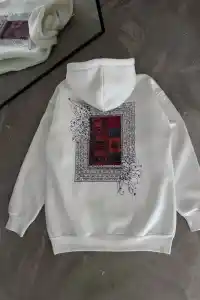 Kadın Kapüşonlu Kanguru Cepli Sweatshirt 3 İplik Pamuklu Baskılı Hoodie - Beyaz
