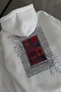 Erkek Kapüşonlu Kanguru Cepli Sweatshirt 3 İplik Pamuklu Baskılı Hoodie - Beyaz